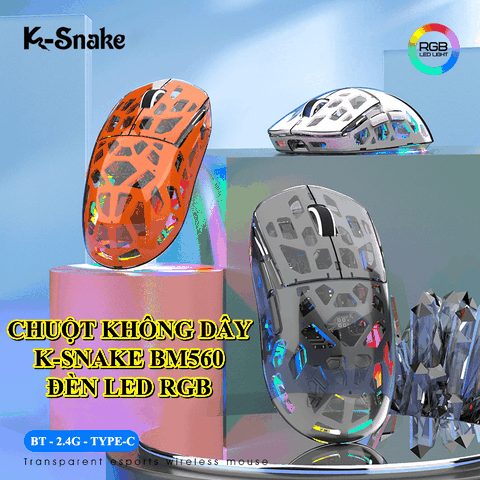 Chuột không dây K-SNAKE BM560 kết nối 3 chế độ BT - 2.4G - Type-C với thiết kế trong suốt xuyên thấu đèn led RGB cực đẹp kèm theo độ nhạy lên đến 3600DPI