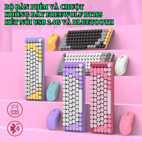 Bộ bàn phím và chuột không dây FREEWOLF BT185 thiết kế mini size 85 nhiều màu sắc kết nối bằng Bluetooth và USB 2.4G
