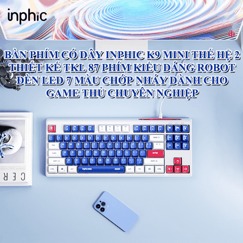 Bàn phím có dây INPHIC K9MINI (K902) thiết kế TKL 87 phím kiểu dáng robot đèn led 7 màu chớp nháy dành cho game thủ