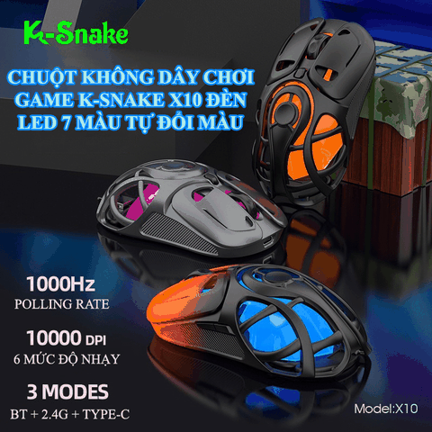 Chuột chuyên game K-SNAKE X10 kết nối 3 chế độ BT - 2.4G - TYPE-C độ nhạy lên đến 10000DPI có đèn led 7 màu cực đẹp kèm theo dung lượng pin lớn 400mAh