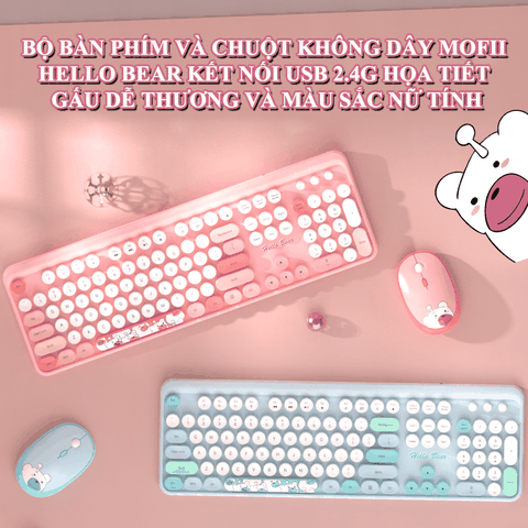 Bộ bàn phím và chuột không dây HELLO BEAR kết nối chip USB 2.4G thiết kế họa tiết gấu dễ thương và màu sắc nữ tính