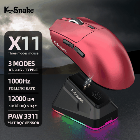 Chuột không dây chuyên game K-SNAKE X11 kết nối 3 chế độ BT - 2.4G - Type-C với mắt đọc sensor PAW3311 độ nhạy lên đến 12000DPI kèm theo đế sạc không dây led RGB