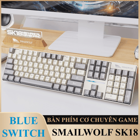 Bàn phím cơ có dây SMAILWOLF SK18 sử dụng Blue Switch với thiết kế phím fullsize 104 phím phối màu hiện đại kèm theo đèn led 7 màu cực đẹp