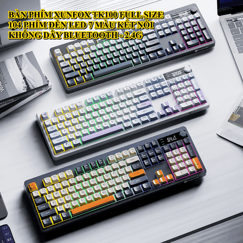 Bàn phím không dây XUNFOX TK100 thiết kế fullsize 104 phím giả cơ đèn led 7 màu kết nối BLUETOOTH và USB 2.4G