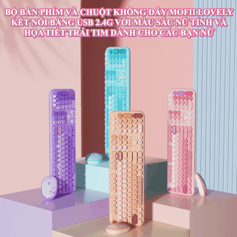 Bộ bàn phím và chuột không dây MOFII LOVELY kết nối USB 2.4G với màu sắc nữ tình và họa tiết hình trái tim vô cùng dễ thương
