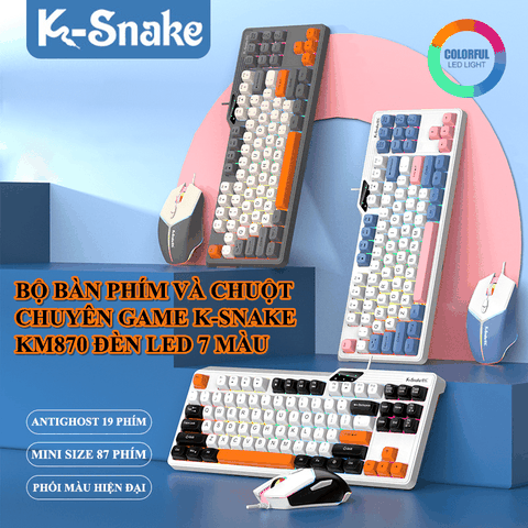 Bộ bàn phím và chuột có dây chuyên game K-SNAKE KM870 thiết kế phím mini size 87 phím có đèn led 7 màu dành cho game thủ