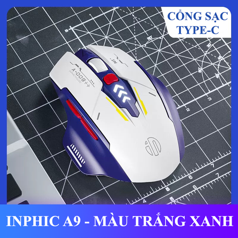 Chuột không dây INPHIC A9 sử dụng pin sạc kết nối Bluetooth và chip USB 2.4G thiết kế kiểu dáng xe đua cool ngầu dành cho game thủ (MÀU TRẮNG XANH)