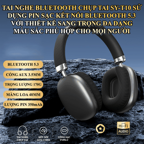 Tai nghe chụp tại SY-T10 kết nối Bluetooth 5.3 với thiết kế sang trọng, đa dạng màu sắc trẻ trung hiện đại