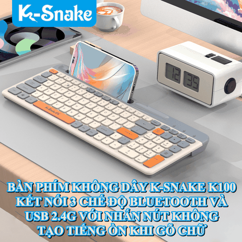 Bàn phím không dây K-SNAKE K100 kết nối không dây 3 chế độ Bluetooth và USB 2.4G thiết kế 100 phím phối màu hiện đại với nút nhấn không tiếng ồn