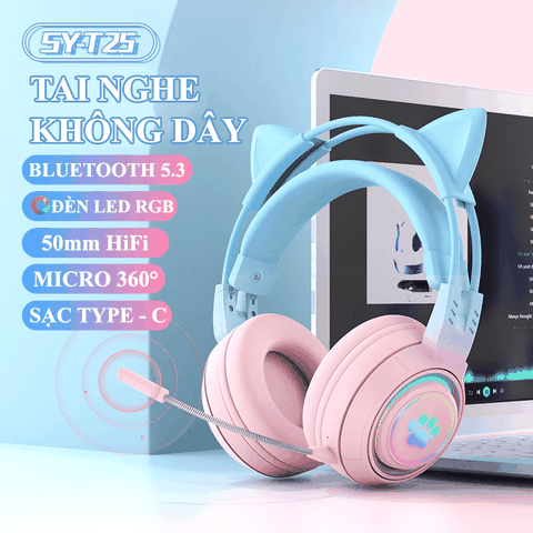 Tai nghe không dây chuyên game SY-T25 PHỐI MÀU kết nối bằng Bluetooth 5.3 có đèn led RGB với màu sắc tai nghe cực đẹp