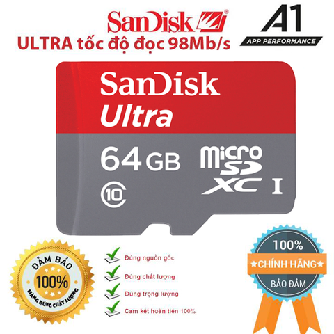 Thẻ nhớ Sandisk Ultra Class 10 64GB/ 32GB dùng điện thoại, máy ảnh, camera hành trình cực kì ổn định