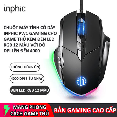 Chuột máy tính có dây INPHIC PW1PRO gaming cho game thủ kèm đèn led RGB 12 màu với độ DPI lên đến 4000DPI