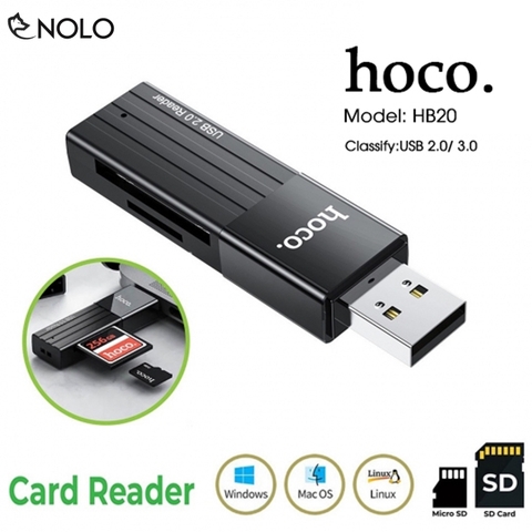 Đầu Đọc Thẻ Đa Năng 2.0 3.0 Hoco 2in1 Model HB20 Tương Thích Thẻ Nhỏ TF Thẻ Lớn SD Tốc Độ Đọc Ghi 480Mbps 5Gbps Dung Lượng Hỗ Trợ 2TB