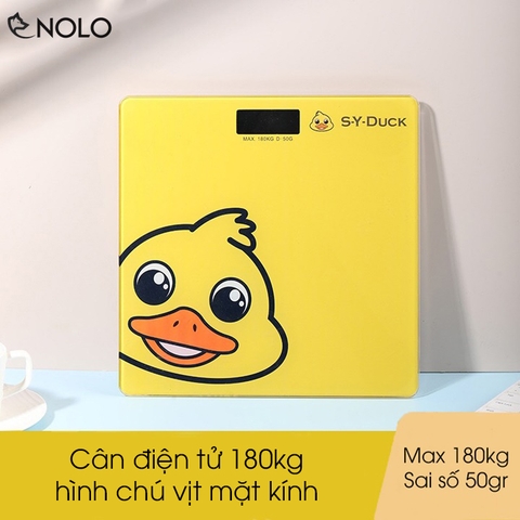 Cân Sức Khỏe Điện Tử Max 180kg Sai Số 50gr Model SY DUCK Hình Chú Vịt Vàng Chất Liệu Bề Mặt Kính Chịu Lực Dùng Nguồn Pin AAA