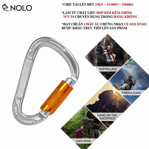 Móc Khóa Carabiner Chữ D Hợp Kim Kẽm Nhôm 7075 T6 Có Ren Khóa Chịu Tải 25K 2500Kg Chuyên Leo Núi, Nhảy Dù, Yoga