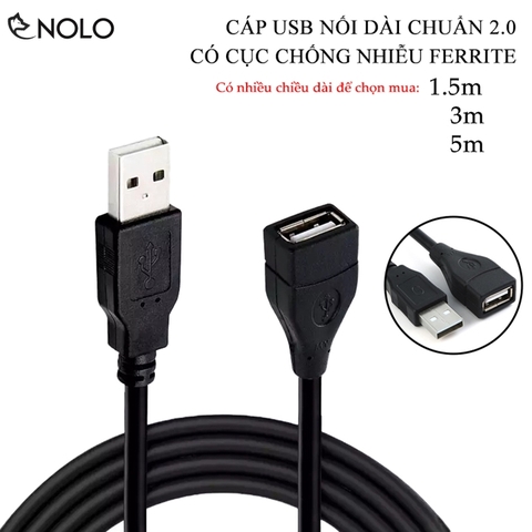 Cáp USB Nối Dài Chuẩn 2.0 Có Nhiều Chiều Dài 1.5m 3m 5m Tích Hợp Cục Chống Nhiễu Ferrite Bead Chất Liệu Vỏ Ngoài PVC Chống Gãy Đứt