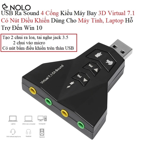 USB Ra Sound 4 Cổng Kiểu Máy Bay 3D Virtual 7.1 Có Nút Điều Khiển Dùng Cho Máy Tính, Laptop Hỗ Trợ Đến Win 10