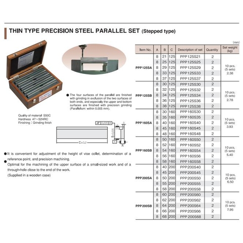 Bộ căn mẫu song song SUPER kiểu bước - #PPP160SA  (Thin type precision steel parallel set - stepped type)