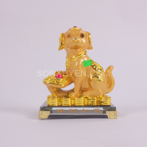 Chó mạ vàng kệ kính có gậy như ý Cao 16,5 cm Rộng 14 cm