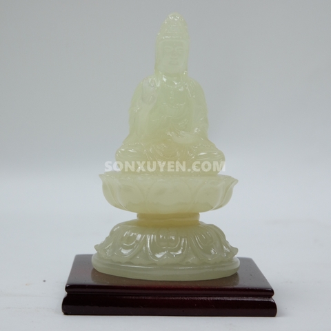 Quan thế âm bồ tát bằng bạch ngọc ngồi trên đài sen cao 11,5 cm rộng 7,5 cm