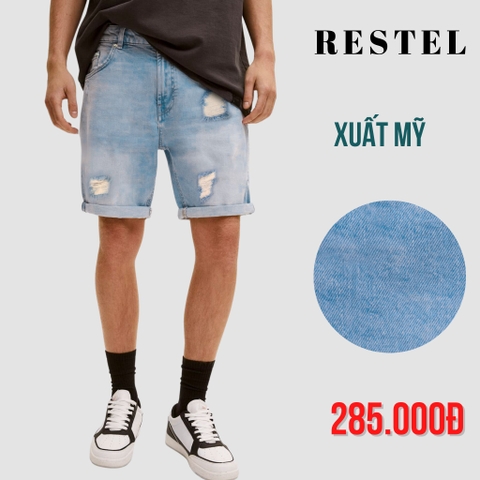 RESTEL - QUẦN SHORT JEAN NAM RÁCH CÁ TÍNH MÀU XANH