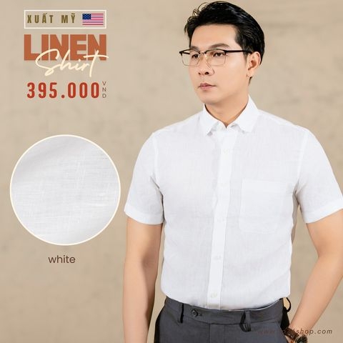 ÁO SƠ MI NAM LINEN TAY NGẮN PHỐI TÚI NGỰC XUẤT MỸ MÀU TRẮNG SM4511T1