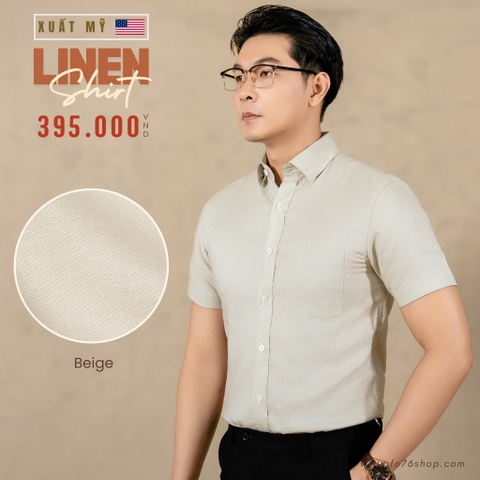 ÁO SƠ MI NAM LINEN TAY NGẮN PHỐI TÚI NGỰC XUẤT MỸ MÀU BEIGE SM4511T5