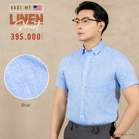 ÁO SƠ MI NAM LINEN TAY NGẮN PHỐI TÚI NGỰC XUẤT MỸ MÀU XANH DƯƠNG SM4511T3