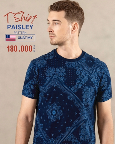 ÁO THUN NAM CỔ TRÒN TAY NGẮN XUẤT MỸ HỌA TIẾT PAISLEY MÀU XANH DƯƠNG AT4804T9