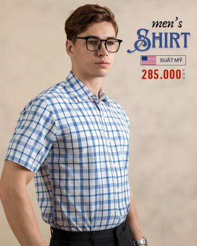 ÁO SƠ MI NAM TAY NGẮN XUẤT MỸ HỌA TIẾT CA RÔ MÀU XANH NAVY SM4830L16