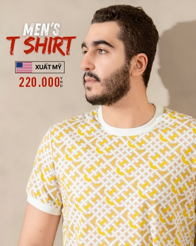 ÁO THUN NAM CỔ TRÒN TAY NGẮN XUẤT MỸ HỌA TIẾT GEOMETRIC MÀU VÀNG 2610T-HTV