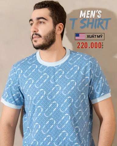 ÁO THUN NAM CỔ TRÒN TAY NGẮN XUẤT MỸ HỌA TIẾT GEOMETRIC MÀU XANH DƯƠNG 2610T-HTX