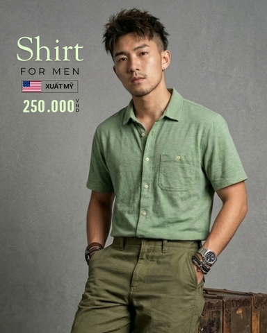 ÁO SƠ MI NAM TAY NGẮN CÓ TÚI VẢI THUN XUẤT MỸ MÀU XANH RÊU SM60314L1