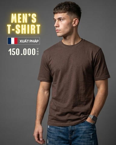 ÁO THUN NAM CỔ TRÒN TAY NGẮN XUẤT PHÁP MÀU NÂU AT60307L9