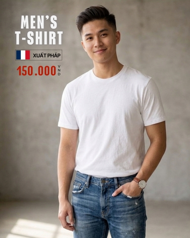 ÁO THUN NAM CỔ TRÒN TAY NGẮN XUẤT PHÁP MÀU TRẮNG AT60307L2