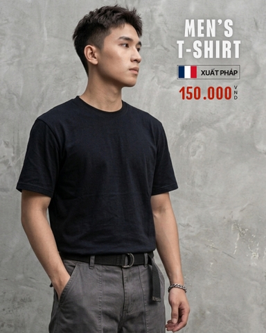 ÁO THUN NAM CỔ TRÒN TAY NGẮN XUẤT PHÁP MÀU ĐEN AT60307L1
