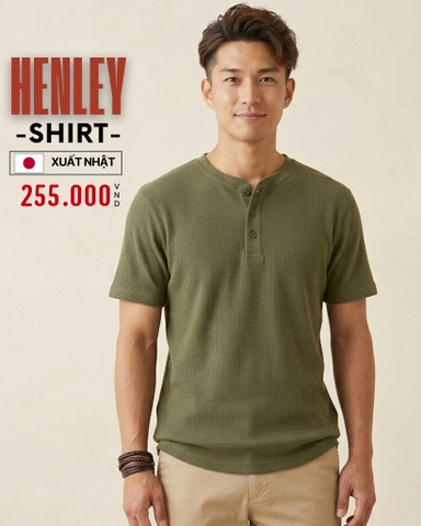 ÁO THUN NAM CỔ HENLEY TAY NGẮN VẢI DRY WAFFLE XUẤT NHẬT MÀU RÊU AT60402N6