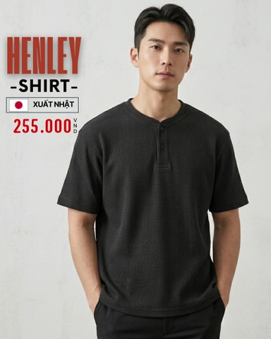 ÁO THUN NAM CỔ HENLEY TAY NGẮN VẢI DRY WAFFLE XUẤT NHẬT MÀU ĐEN AT60402N7