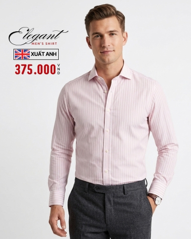 ÁO SƠ MI NAM TAY DÀI PHOM SLIM FIT XUẤT ANH KẺ SỌC MÀU HỒNG SM60411N2