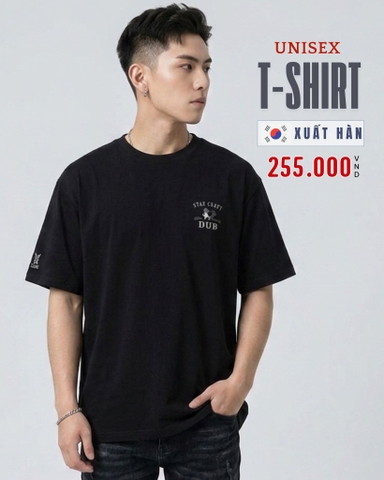ÁO THUN UNISEX CỔ TRÒN TAY NGẮN XUẤT HÀN MÀU ĐEN AT60513N1