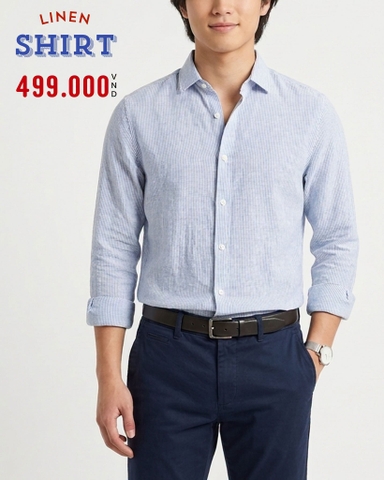 ÁO SƠ MI NAM TAY DÀI VẢI LINEN HỌA TIẾT KẺ SỌC DỌC MÀU XANH DƯƠNG NHẠT SM60704D6