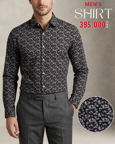 ÁO SƠ MI NAM PHOM SLIMFIT TAY DÀI MÀU ĐEN HỌA TIẾT LÁ CÂY SM60922T3