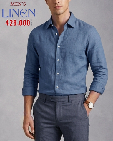 ÁO SƠ MI LINEN NAM PHOM SLIMFIT TAY DÀI MÀU XANH SM60923T3