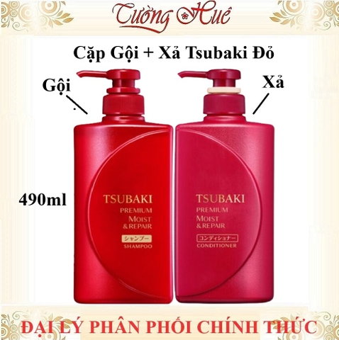 Dầu Gội và Xả Cao Cấp Dưỡng Tóc Bóng Mượt Tsubaki Premium Moist Shampoo - 490ml - Đỏ