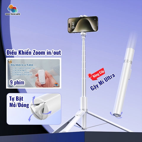 Gậy Chụp Ảnh Điện Thoại Cao Cấp Mi Ultra – Remote 9 Nút, Zoom In/Out, Tripod Tự Mở, Gập Gọn Selfie