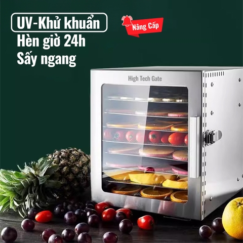 Máy Sấy Thực Phẩm Inox HTG 8 khay DBC08-A01 Sấy Khô Hoa Quả, Thịt, Đồ Ăn, Tia UV Khử Khuẩn, Hẹn Giờ