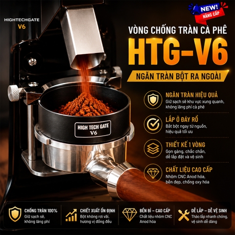 Vòng Chống Tràn Cà Phê Espresso HTG V6 | Dosing Ring X8 Nam Châm, Cao Đến 24mm, CNC Aluminum