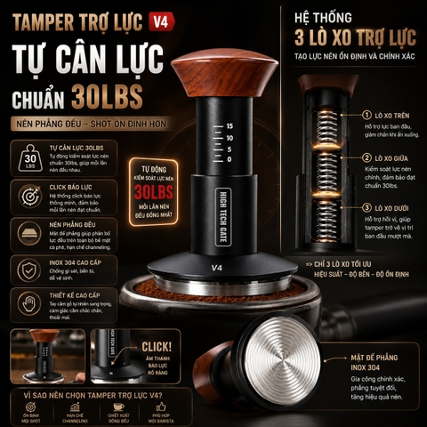 Tamper Trợ Lực V4 | Tự Cân Lực 30lbs – Nén Chuẩn Espresso