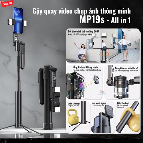 Gậy quay video MP19s thông minh,chụp ảnh, livestream, kim loại bền bỉ, gimbal 360 dõi theo, nâng cấp