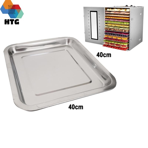 Khay sấy inox 40cmx40cm, dùng sấy các loại hạt khô, ngũ cốc, hoặc bột, và hứng nước thải, dầu thừa khi sấy cho máy sấy thực phẩm ST02 dạng 16 khay